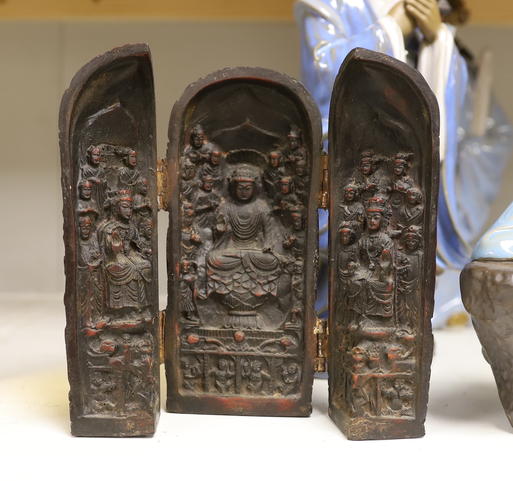 A group of Chinese Shiwan stoneware figures, a composition triptych shrine and a Lladro figure, tallest 33cm high